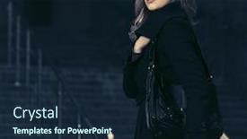  Presentation with fashion handbag - Presentation design consisting of young fashion blonde business woman walking on city street stylish female model in classic black coat with leather handbag background and a navy blue colored foreground