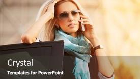  Presentation with car door - PPT layouts having young fashion blonde business woman talking on cell phone leaning on car door stylish female model in sunglasses and blue scarf background and a dark gray colored foreground