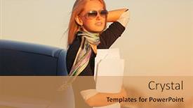  Presentation with blue financial - Slide set with young fashion blonde business woman with financial papers outside her car stylish female model in dark blue blazer and sunglasses background and a yellow colored foreground