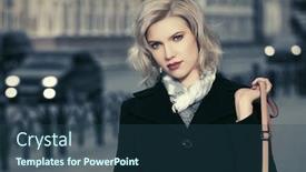  Presentation with fashion handbag - Audience pleasing slide deck consisting of young fashion blonde woman walking on city street stylish female model in black coat with leather handbag backdrop and a ocean colored foreground