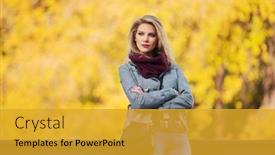  Presentation with fashion handbag - Amazing presentation design having young-fashion-blonde-woman backdrop and a gold colored foreground