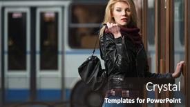  Presentation with fashion handbag - PPT theme having young-fashion-blonde-woman background and a dark gray colored foreground