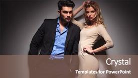  Presentation with lover - Presentation consisting of young fashion business man looking away with his hands in pockets while his lover is leaning on him and fixing her hair background and a coral colored foreground