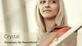  Presentation with windows - Audience pleasing presentation design consisting of young fashion business woman against office windows backdrop and a lemonade colored foreground