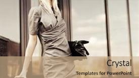  Presentation with fashion handbag - Audience pleasing PPT theme consisting of young fashion business woman with handbag on the steps against office windows backdrop and a coral colored foreground