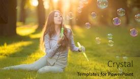  Presentation with springtime - Presentation theme featuring young fashion casual woman blow bubbles in sunset in park springtime summertime trendy girl sitting on grass in sunset spring landscape background sun rays summer scene sunlight background backlit background and a gold colored foreground