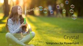  Presentation with summer sun - Presentation theme with young fashion casual woman blow bubbles in sunset in park springtime summertime trendy girl sitting on grass in sunset spring landscape background sun rays summer scene sunlight background backlit background and a gold colored foreground