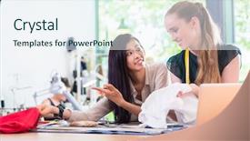  Presentation with design fashion - PPT layouts with young fashion designer women measuring background and a sky blue colored foreground