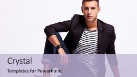  Presentation with hands down - Theme having young fashion man looking down background and a light blue colored foreground