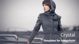 Presentation with railing - Beautiful PPT theme featuring young-fashion-woman-leaning backdrop and a gray colored foreground