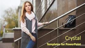  Presentation with railing - Cool new PPT theme with young-fashion-woman-leaning backdrop and a tawny brown colored foreground