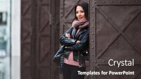  Presentation with black female - Colorful presentation theme enhanced with young fashion woman with backpack walking in city street stylish female model in black leather jacket outdoor backdrop and a dark gray colored foreground