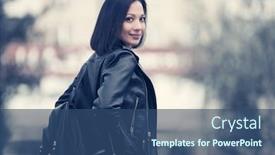  Presentation with black-female - Beautiful presentation theme featuring young fashion woman with backpack walking on city street stylish female model in black leather jacket backdrop and a ocean colored foreground