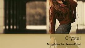  Presentation with fashion handbag - PPT layouts with young fashion woman with handbag walking on city street stylish female model wearing brown leather fringe suede jacket and dark blue jeans background and a yellow colored foreground