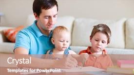 Presentation with father - Amazing slides having young father and his two kids drawing together backdrop and a coral colored foreground