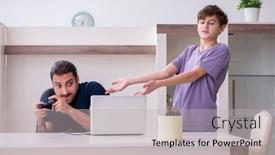  Presentation with computer games - PPT layouts enhanced with young-father-and-schoolboy-playing background and a light gray colored foreground