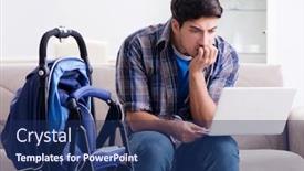  Presentation with father - Presentation design consisting of young father assembling baby pram at home background and a navy blue colored foreground