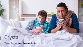  Presentation with caring - PPT theme featuring young father caring for sick son background and a sky blue colored foreground