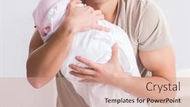  Presentation with baby crying - Colorful presentation design enhanced with young father dad frustrated at crying baby backdrop and a coral colored foreground