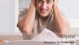  Presentation with crying baby - Slide deck with young father dad frustrated at crying baby background and a coral colored foreground