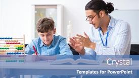  Presentation with exam - Slide set featuring young father helping his son to prepare for exam background and a teal colored foreground