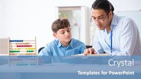  Presentation with exam - Presentation design featuring young-father-helping-his-son background and a teal colored foreground