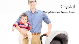  Presentation with daughter - Cool new slide set with young father holding his baby daughter and pushing a baby stroller isolated on white background backdrop and a white colored foreground