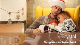  Presentation with decor - Colorful slide set enhanced with young father in santa's hat sleeping with his daughter in chair in the room with christmas decor backdrop and a tawny brown colored foreground
