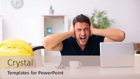  Presentation with newborn - Presentation theme consisting of young-father-looking-after-newborn background and a soft green colored foreground