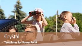  Presentation with play children - Slide deck having young father mother and two children ride in convertible car and play spies background and a coral colored foreground