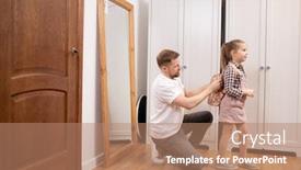  Presentation with back school - Slides with young-father-putting-small-rucksack background and a coral colored foreground