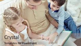  Presentation with fairy tale - Audience pleasing PPT theme consisting of young father reading fairy tale with his two children backdrop and a mint green colored foreground