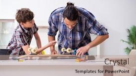  Presentation with father - Cool new slide deck with young-father-repairing-skateboard backdrop and a coral colored foreground