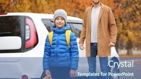  Presentation with young children at school - Beautiful presentation design featuring young father seeing his son backdrop and a ocean colored foreground