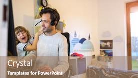  Presentation with company - Beautiful presentation theme featuring young-father-trying-to-work backdrop and a coral colored foreground