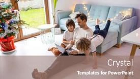  Presentation with work from hom - PPT theme consisting of young-father-trying-to-work background and a coral colored foreground