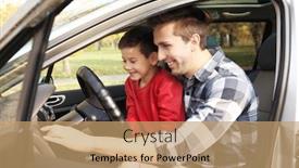  Presentation with car seat - Presentation design featuring young father with little son in driver seat of car background and a coral colored foreground