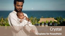  Presentation with newborn baby on his mothers and - Cool new PPT theme with young father with newborn baby backdrop and a coral colored foreground