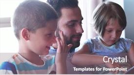  Presentation with father - Beautiful PPT layouts featuring young father with two kids using technology in modern aprtment backdrop and a gray colored foreground