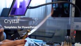  Presentation with female - PPT theme having young-female-artisan-holding-handtool background and a ocean colored foreground