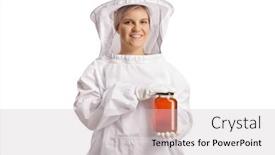  Presentation with honey bee - Slide set having young-female-bee-keeper background and a light gray colored foreground