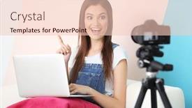  Presentation with blogger - PPT theme featuring young female blogger recording video on camera at home background and a lemonade colored foreground