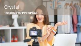  Presentation with blogger - PPT layouts featuring young female blogger with accessories recording video at home background and a coral colored foreground