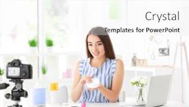  Presentation with blogger - Theme enhanced with young female blogger with cosmetics recording video at home background and a white colored foreground