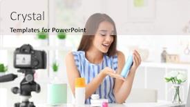  Presentation with blogger - Colorful slide deck enhanced with young female blogger with cosmetics recording video at home backdrop and a soft green colored foreground