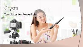  Presentation with curling - Colorful PPT theme enhanced with young female blogger with curling iron recording video at home backdrop and a white colored foreground