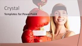  Presentation with trophy - Slides consisting of young female boxer with red boxing gloves holding a trophy background and a light gray colored foreground