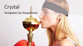  Presentation with boxing - Presentation theme consisting of young female boxer with red boxing gloves kissing a trophy background and a light gray colored foreground