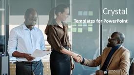  Presentation with partnership - Slide set consisting of young-female-broker-shaking-hand background and a gray colored foreground