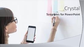  Presentation with whiteboard - Presentation design enhanced with young-female-broker-with-smartphone background and a sky blue colored foreground